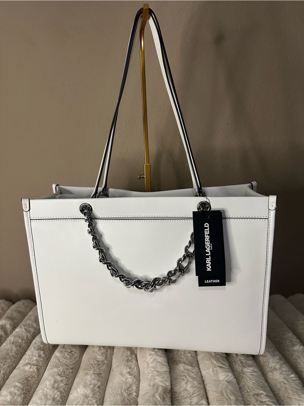 Karl Lagerfeld White Embossed Logo Tote with Silver Chain. NWT - Picture 2 of 6